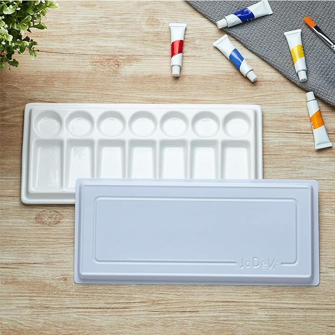 Rectangular Ceramic Paint Palette with Lid, 14-Well Porcelain Watercolor Mixing Tray for Acrylic, Oil & Gouache, Large Artist Watercolor Palette with Plastic Cover
