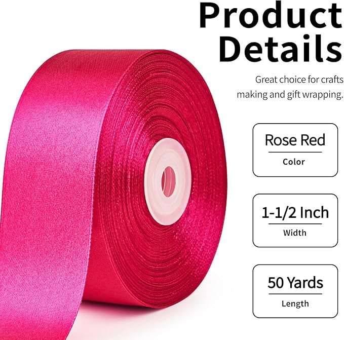 1-1/2 Inch Wide Rose Red Satin Ribbon, 50 Yards Solid Polyester Fabric Ribbon for Roses Making, Gift Wrapping, Valentine's Day, Wedding Decorations, Crafts, Bows