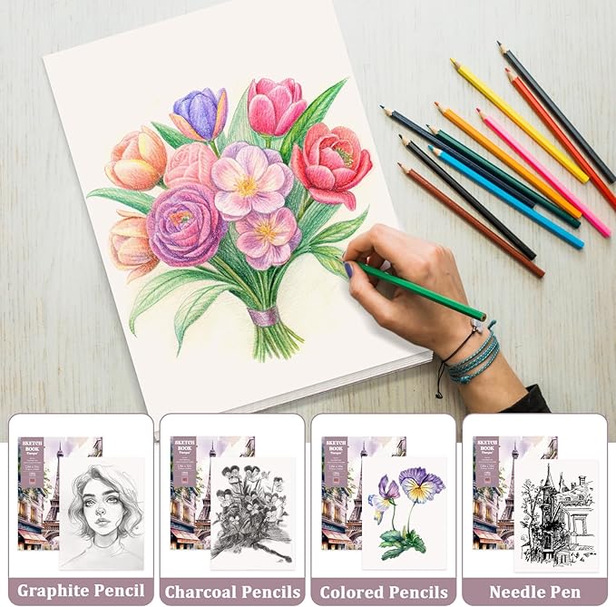 Tlenpo 9 x 12 in Glue Bound Sketch Pad, 100 Sheets 98lb/160gsm Drawing Paper, Acid-Free Drawing Paper, Art Sketchbook for Kids' Classroom, Travel, School Art Supplies