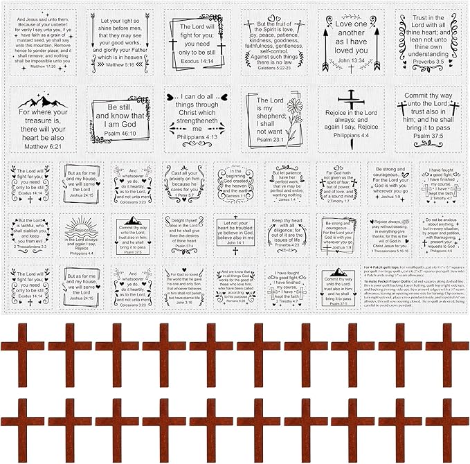 Pocket Prayer Quilt Panel Squares with Small Wooden Crosses Mini Scripture Pocket Prayer Quilt for Friend Family Religious Spiritual Gift Easter Reward Gift(Cute,Brown)