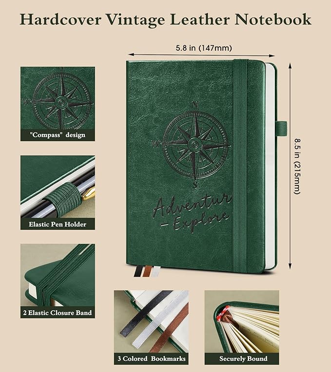 Blank Journal Notebook for Women Men,160 Pages,A5 Hardcover Sketchbook for Drawing, Sketch book, Unlined Notebooks for School,Work, Note Taking,Travel Journals for Writing 5.8"x8.5" (Green)