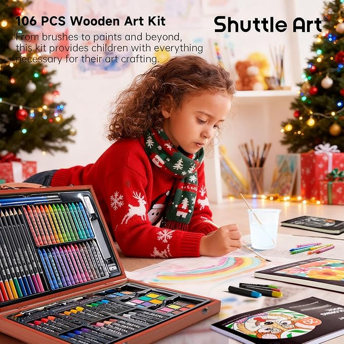 Shuttle Art 106 Piece Deluxe Art Set, Art Supplies in Wooden Case, Painting Drawing Art Kit with Crayons Colored Pencils Oil Pastels Watercolor Cakes Coloring Book Sketch Pad for Kids Adults