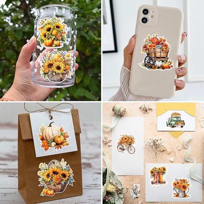 100 Pcs Thanksgiving Fall Stickers, Yellow Autumn Pumpkin Stickers for Teens Adults, Cottagecore Sticker Farm Sticker for Water Bottles Scrapbook Junk Journal Collage