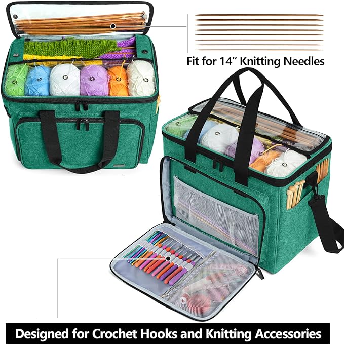 Teamoy Knitting Bag, Yarn Tote Organizer with Inner Divider (Sewn to Bottom) for Crochet Hooks, Knitting Needles(Up to 14”), Project and Supplies -No Accessories Included, Green