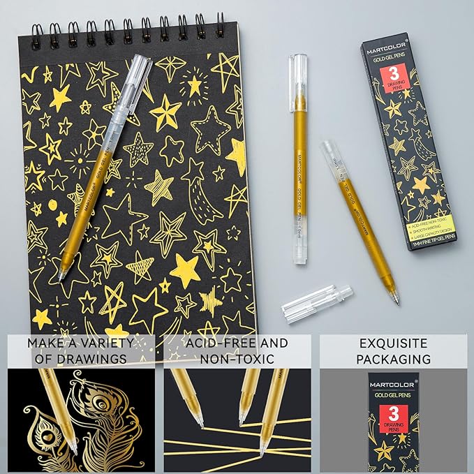Gold Gel Pens, 1mm Fine Point Gel Ink Pen Opaque Archival Ink Pens for Black Paper Drawing, Sketching, Illustration, Card Making, Bullet Journaling, 3 Pack