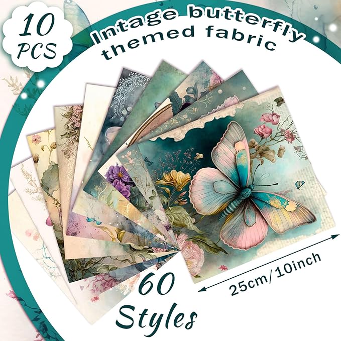 HunnmingRe 20 Pcs 10''x10'' Vintage Butterfly Quilting Fabric Square Retro Butterfly Quiltted Fabric Bundle Multicolor Floral Precuts Printed Patchwork Supplies for Holiday DIY Sewing Craft