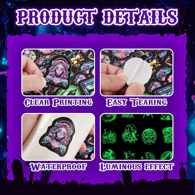 60 Pcs Glow in The Dark Neon Halloween Stickers for Kids, Waterproof Witches Magic Decals for Water Bottle, Vinyl Laptop Decor for Teens Girls Boys, Students Classroom Prizes