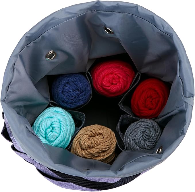 HOMEST Large Crochet Bag with Customized Front Compartment for Knitting Accessories, Yarn Storage with 6 Oversized Grommets, Tote Organizer with Drawstring Closure, Purple