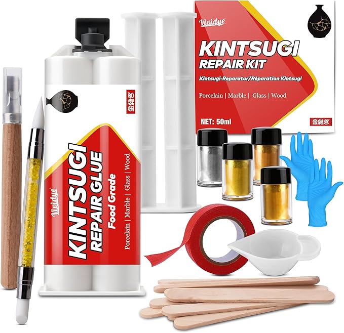 Kintsugi Repair Kit, Food Safe Ceramic Glue Repair Cups, Bowls, Saucers, Vase, Upgraded Kintsugi Pottery Kit Perfect for Beginners Restoring Meaningful Gifts and Art Craft, Kintsugi Glue Gold & Silver