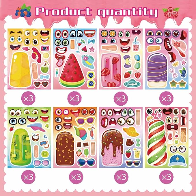 24 Sheets Make Your Own Ice Cream Stickers for Kids Toddlers, Make a Face Sticker Mix and Match Watermelon, Chocolate, Kiwi, Strawberry Ice Cream Stickers for Kids Activities Supplies Crafts