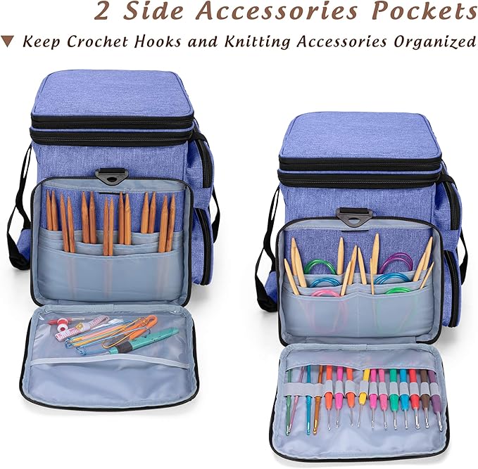 Yarwo Knitting Yarn Bag, Portable Crochet Storage Tote with Double Top Cover and Yarn Holes for Knitting Needles(Up to 14”), Unfinished Projects and Skeins of Yarn, Blue