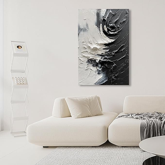 NANKAI Art Hand Drawn Thick Textured Black and White Abstract Art Oil Painting in Modern Minimalist Style, 36x24 inches. Decorative Wall Painting for Home Office or Corridor