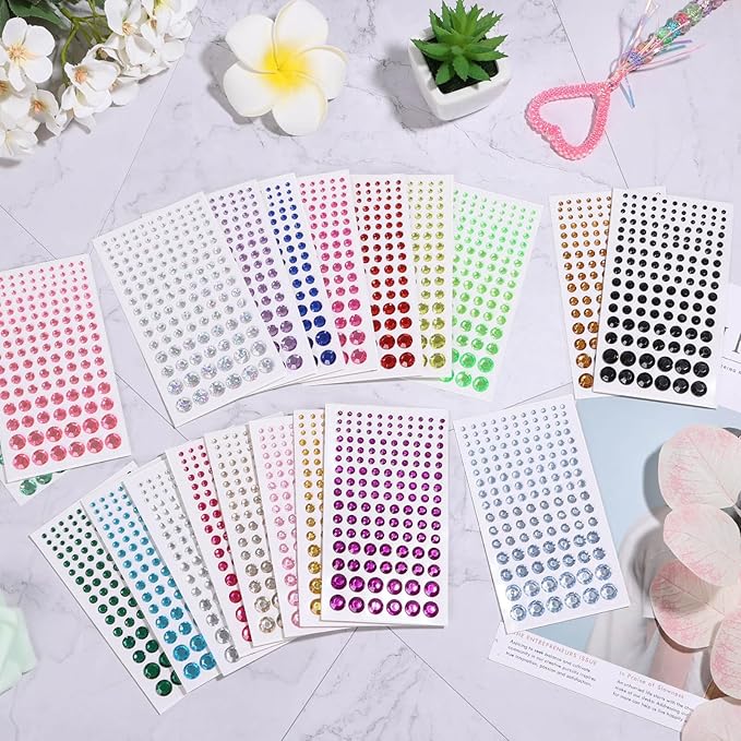 2800 Pcs Self Adhesive face Rhinestones gems Stickers in 20 Colors, 6 Sizes Stick on Jewels for Body, Face, Hair and Craft DIY Decorations(3/4/5/6/8/10mm)
