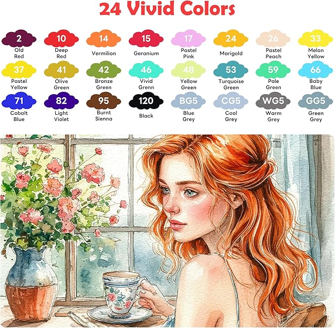 Alcohol Markers 24 Colors - Drawing Marker for Adult Coloring Books No Bleeding Dual Tip Art Marker - Art Market Set for School Sketching Coloring Alcohol Based Markers with Base