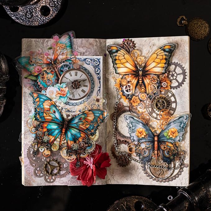 120-Piece Large Vintage Victorian Steampunk Butterfly Scrapbook Stickers – Retro Fantasy Mechanical Gear Decals for Journals, Planners,Albums Crafts, DIY Art Projects