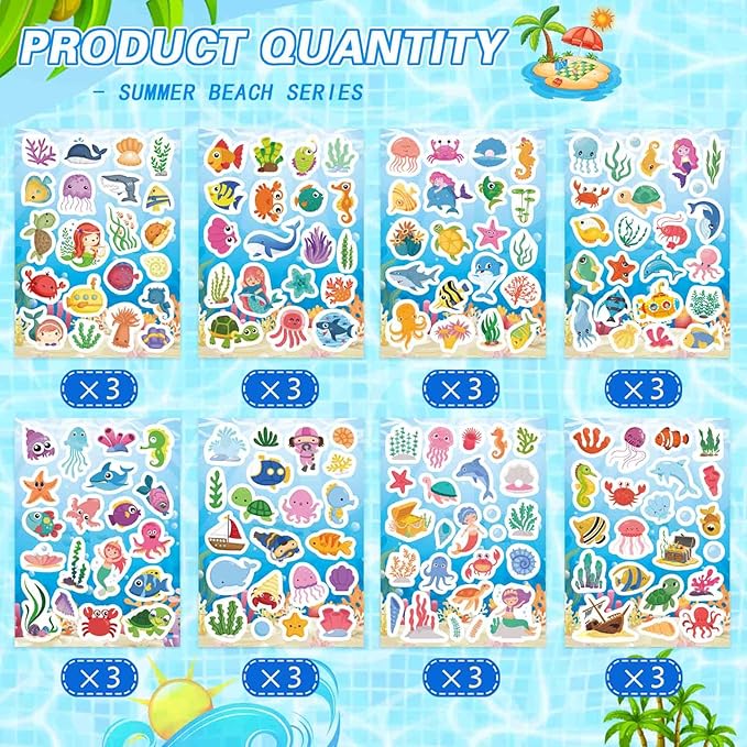 24 Sheets Ocean Stickers for Kids, Sea Animal Adhesive Waterproof Stickers, Mermaid Tropical Fish Shark Sticker, Under The Sea Animal Beach Sticker for Ocean Party Favors