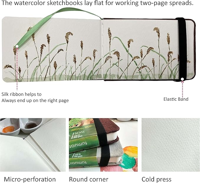 Watercolor Journal, 3.5x5.5”, 140 LB, 300 GSM, tumuarta Cotton Paper, Cold Press, 24 Sheets, 48 Pages, Watercolor Paper Sketchbooks for Use As Travel Notebook and Mixed Media Pad On The Go