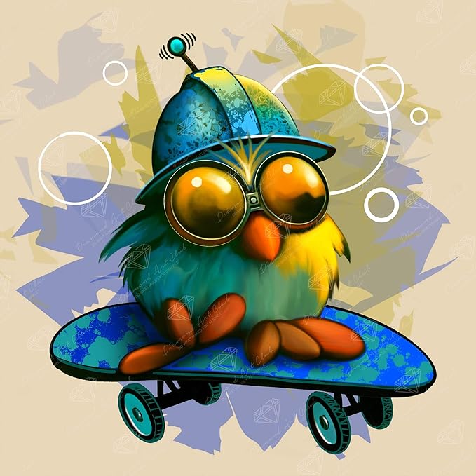 DIAMOND ART CLUB Skate Bird Diamond Painting Kit, Fun DIY Crafts for Adults, Round Diamond Art Canvas, 9" x 9"