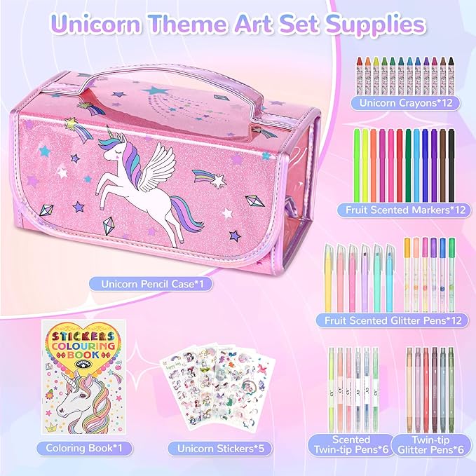Washable Scented Markers Set for Kids - Unicorn Coloring Art Supplies Set for Kids Ages 4-8 Birthday Gifts for 4-8 Year Old Girls Unicorn Pencil Case 54 PCS