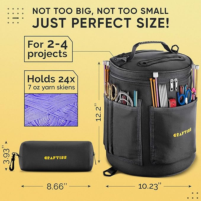 CRAFTISS Knitting Bag Yarn Storage - Christmas Gift - Durable Canvas Yarn Holder for Crochet Accessories - Organizer Crochet Bag with Knitting Accessories Case (Black)