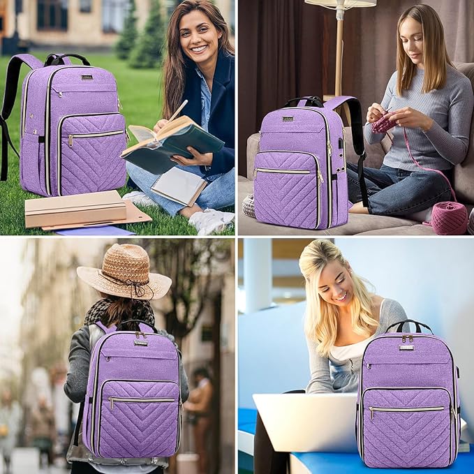 Knitting Bag Backpack, Crochet Bag Tote, Large Yarn Storage Tote Bag with USB Charging Port, Yarn Holder Case for Carrying Projects, Knitting Needles, Yarn Supplies, Purple