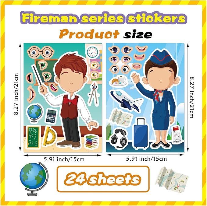 DUJAA 24 Sheets Occupation Post Stickers, Educational Stickers for Kids, Firefighter Doctor Policeman Chef Teacher, Color, Paper, Cartoon, Rectangular, Indoor/Outdoor, 24 Count