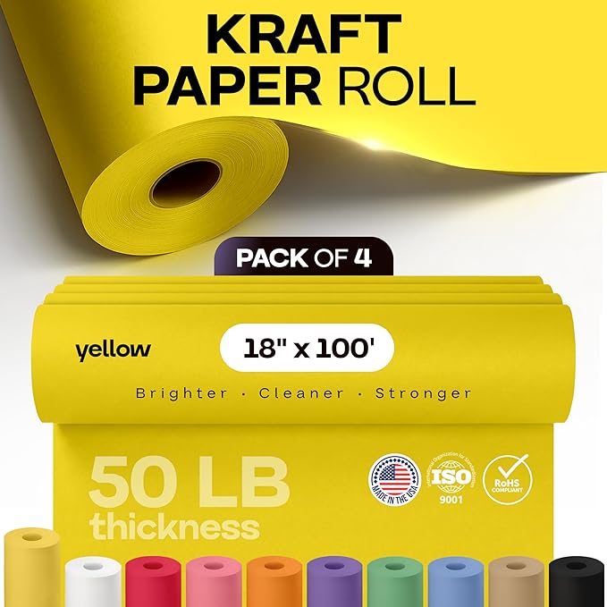 18" x 1200" (100 ft) Yellow Kraft Paper Roll, Pack of 4 - USA-Made Quality Craft Paper for Gift Wrapping, Kids' Arts & Crafts, School Projects - 100% Recycled, 50 lb Natural Material by IDL Packaging