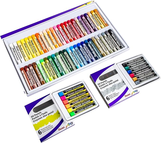 Pentel Arts Oil Pastels - 50 Color Set with Metallic and Fluorescent Packs, 3pk Set