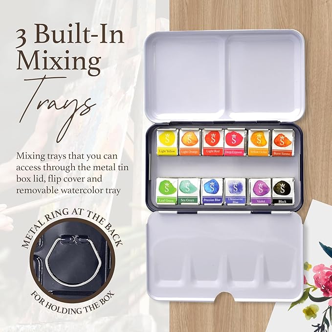 SCHPIRERR FARBEN – Watercolor Paint Set with Rich Pigment, Watercolor Set for Adults and Children, Portable Painter Palette in a Tin Box with a Metal Ring, 12 Vivid Colors