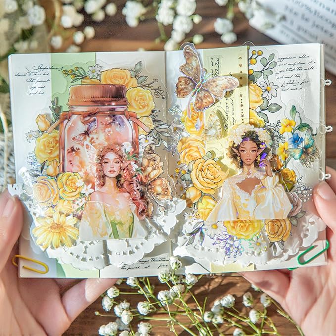 Spring Flower Girls PET Stickers Set, 60Pcs Fairy Character Stickers with Holographic Effect for Journaling, Scrapbooking, and DIY Crafts