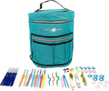 Designer Stitch Happy Crocheting Kit: 52 Piece Crochet Kit for Beginners & 7 Pocket Yarn Bag, Signature Yarn Storage - Peacock