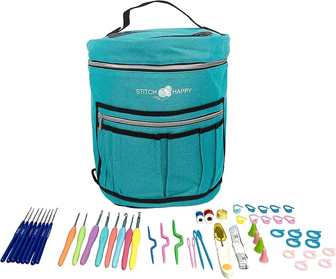 Designer Stitch Happy Crocheting Kit: 52 Piece Crochet Kit for Beginners & 7 Pocket Yarn Bag, Signature Yarn Storage - Peacock