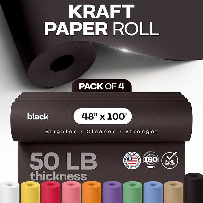 Black Paper Rolls 48" x 1200" (100 feet), Pack of 4 - USA-Made Kraft Paper 50lb Thickness for Packing, Wrapping, Shipping, Crafts/Arts - 100% Recyclable Natural Craft Material Roll by IDL Packaging