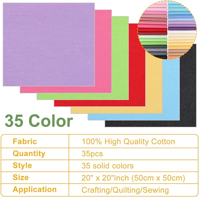 Buryeah 35 Pcs Solid Color Cotton Fabric 20 x 20 Inch (50cm x 50cm) Squares Quilting Patchwork Precut Fabric Bundles Multicolor Sewing Supplies for Beginners DIY Craft, Patchwork, Scrapbooking Cloth