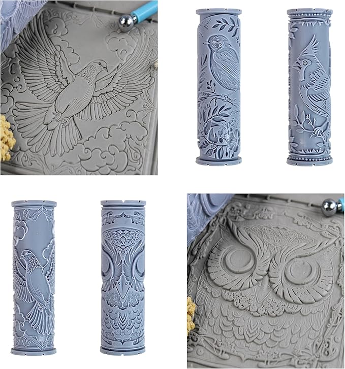 Backyard Bird Collection Clay Texture Rollers 4-Pack (4") - Bird Set #01 - Embossing Pattern Rollers for Polymer & Ceramic Clay, Pottery & Crafts