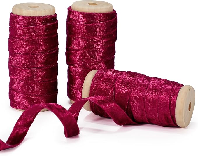 Velvet Red Ribbon for Christmas Tree Decor Double-Sided Handmade Glossy Fabric Trim Wooden Spool Thin Ribbons Gift Wrapping Crafts Wedding Flower Bouquet 3/8 inch x 5YD 3 Rolls