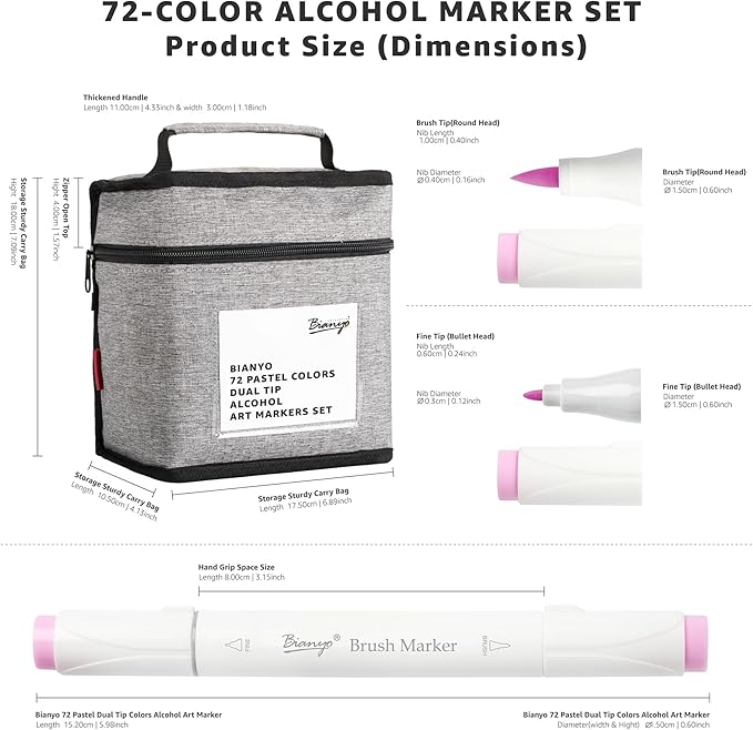 Bianyo 72 Pastel Colors Alcohol Markers Set, Dual Tip Brush & Fine Alcohol-Based Art Markers for Artists, Adults, Comics, Coloring, Drawing, Sketching, Illustration with Storage Bag