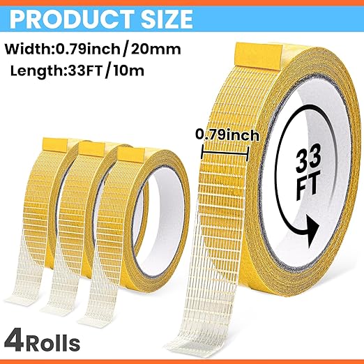 Double Sided Fabric Tape Heavy Duty for Hem, Fashion Dress, Cloth, Curtains, High Adhesive Sticky but Removable, No Sewing or Ironing Need, 0.79in x 33FT/10m x 4Rolls