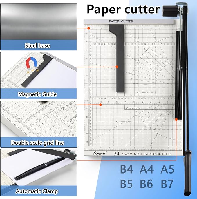 Ecraft 15" Guillotine Paper Cutter : Heavy-Duty Steel Base, 15-Sheet Capacity, Automatic Clamp, Safety Lock & Magnetic Guide - Precision Paper Trimmer for Office and Crafts