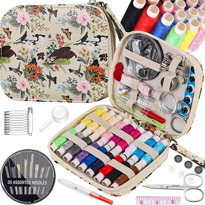 Arts Craft Printing Sewing Kit Butterflies Pattern Sewing Set Professional Travel Sewing Supplies with 18 Colors Sewing Thread, Basic Sewing Accessory for Emergency, Home