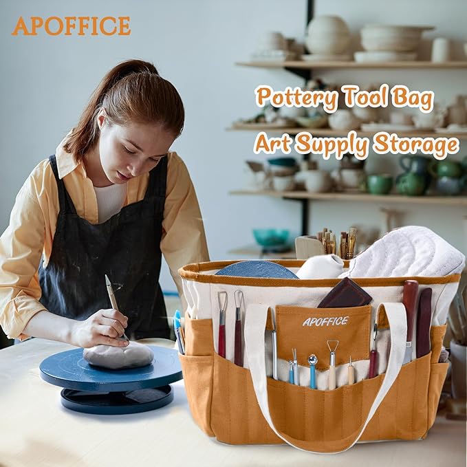 APOFFICE Pottery Tools Bag with Pockets for Clay Sculpting Tools, Ceramic Tools– Art Supply Organizer for Polymer Clay Tools, Craft Tote, Yarn & Crochet Storage, Washable Canvas Artist Bag Gift