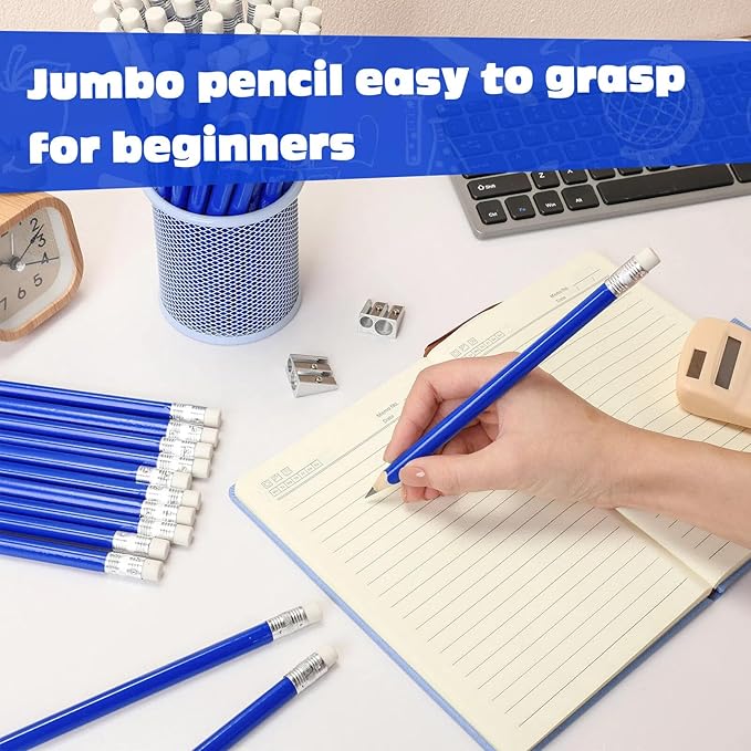 Fainne 102 Pcs Bulk Thick Jumbo Graphite Pencils Set 96 Fat Giant Large Pencils and 6 Sharpeners Enhanced Grip for Art Drafting Writing Drawing Office and Home Use(Blue,Round)