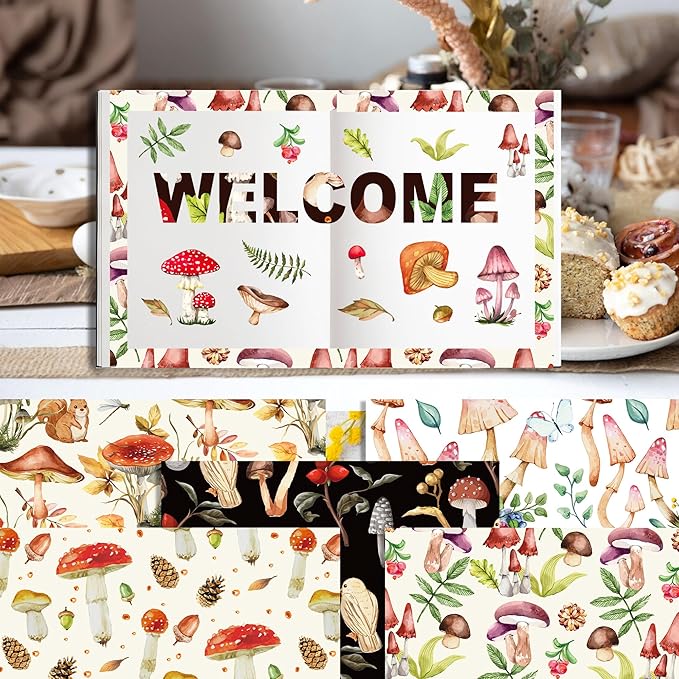 24 Sheets Mushroom Scrapbook Paper Pad Double-Sided Vintage Mushroom Squirrel Plants Moth Patterned Decorative Craft Paper for Card Making Photo Album Journal DIY Craft, 11.8'' x 11.8''