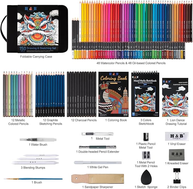 H & B 150PCS Drawing Pencils Set with Portable Zipper Bag – Professional Sketching & Art Supplies Kit with Sketchpad and Colored Pencils for Adults, Kids & Artists