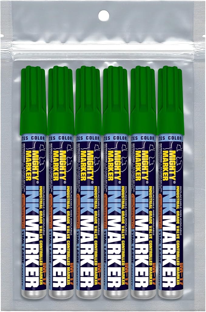IM-17 Ink Marker, Dual Tip, 13ml Alcohol-Based Permanent Ink, Waterproof Fade & Abrasion Resistant, Valve Action, 6 Bonus Tips, Manufactured in USA, 6 Pack (Green)