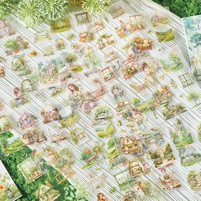 MAFELOE 20 Pages PET Scrapbook Stickers, Aesthetic Deco Supplies for Journaling Junk Bullet Diary Album Calendars-Travel Scenery Series-Green (Y3-P-SSYS)