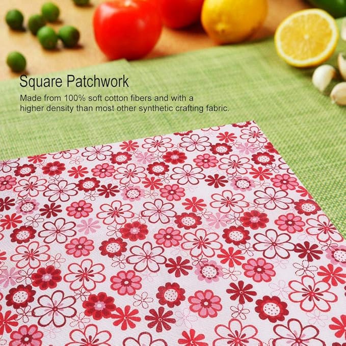 7Pcs Fat Quarters Fabric Bundles, 20 × 20inch Red Flowers Cotton Fabric Bundle Precut Fat Squares Sheets for DIY Patchwork Sewing Quilting Crafting