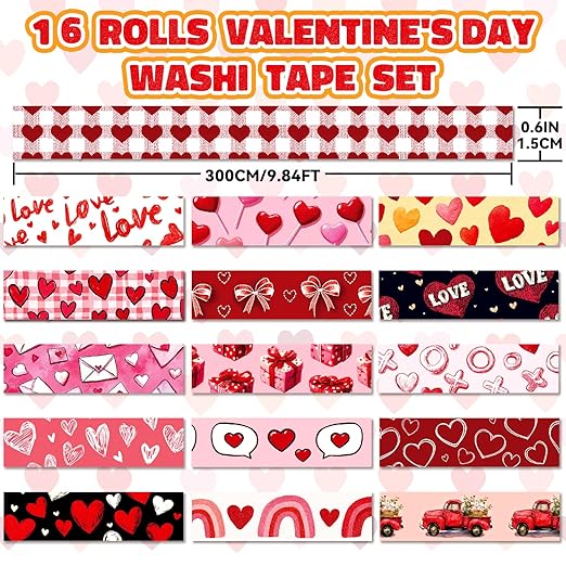 Valentine's Day Washi Tape Set - 16 Rolls Pink & Red Decorative Tape for Love Letters, Journals & Gifts (0.6" x 10 ft) - Hearts, XOXO, Love, Candy, Rainbows, Love Letters