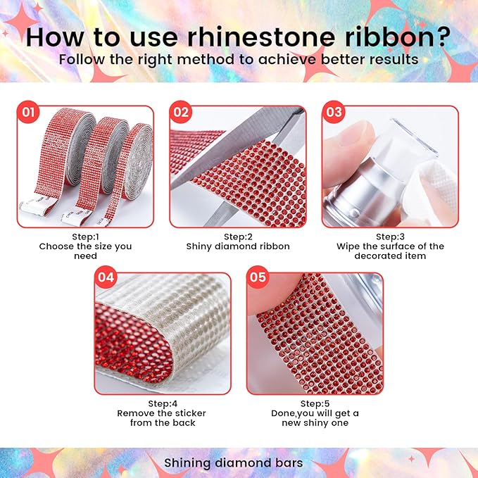 Novani Self Adhesive Rhinestone Ribbon, 0.35 Inch Wide 3 Yards 1 Roll, Red Crystal Diamond Bling Strips for DIY Crafts,Home Decor,Glitter Glass Rhinestones Tape for Crafting,Car Decoration