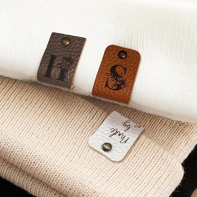 callie Personalized 10-100Pcs Leather Tags with Rivets - Custom Text & Initial, Handmade with Love Labels for Crochet Items, Gifts for Knitting Sewing Crafting Lovers